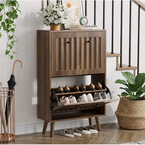Meuble à chaussures 60x24x95 cm noyer en MDF et panneaux de particules avec 2 abattants et étagère ouverte (1/5)