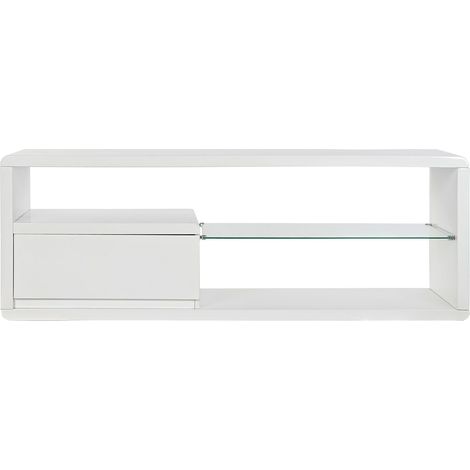 Meuble TV en bois MDF blanc avec 1 tiroir et 1 étagère en verre - Largeur 140 x Hauteur 50 x Profondeur 40cm -PEGANE-