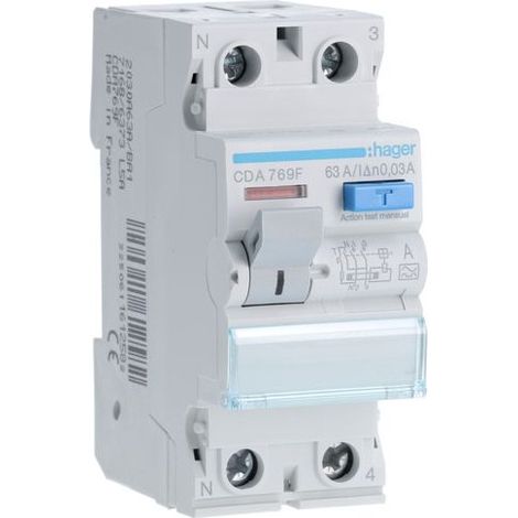 Hager – Interrupteur différentiel 2P 63A 30mA type A – Protection contre les risques électriques – Tension 230V – Courant de défaut 30mA (1/4)