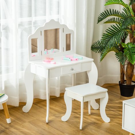 HOMCOM Coiffeuse Enfant avec Tabouret. Coiffeuse Bureau 2 en 1 Miroir triptyque et tiroir Coulissant - Coiffeuse dim. 63L x 40l x 85.5H cm - Blanc Acrylique