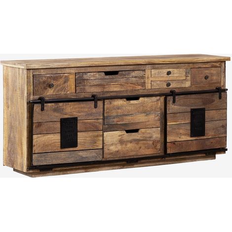 Sklum – Buffet en bois de manguier 180x40 cm – Style industriel – 2 portes coulissantes – Finition naturelle sans traitements chimiques