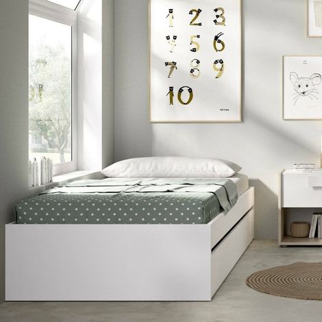 Dmora - Cama infantil Castellaz, Cuna para dormitorio, Conjunto de dormitorio, Estructura del sostenedor del colchón, 96x195 h40 cm, Blanco (1/5)