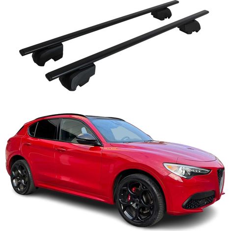 OMAC Dachtrager Quertrager fur Alfa Romeo Stelvio 2017-2026 – City Crash getestet – ISO PAS 11154:2006 – Abschliessbar – Max 75 kg – 2 Stangen Schwarz (1/5)