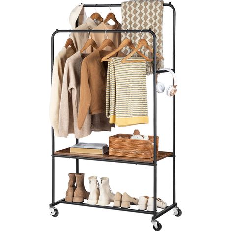Portant à Vêtements Double Barre, Porte-manteau avec Étagère, Penderie, Portant Vetement Solide avec Roulettes, Style Industriel, pour Chambre, Dressing, Marron Rustique et Noir (1/5)