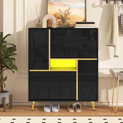 Schuhschrank – 80 x 24 x 96 cm – Möbelstück mit glänzender Front und LED-Beleuchtung – Spanplatten – Schwarz