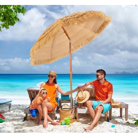 Parasol de plage tissé en imitation gazon, 200 cm, parasol d'extérieur, auvent, démontable, accessoire de protection solaire, idéal pour terrasses et balcons (1/5)