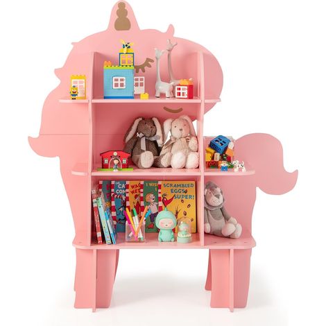 COSTWAY Estantería Infantil, Estantería Madera para Niños, Juguetero Pared con Estantes de Almacenamiento Abiertos, Sistema Antivuelco,Librería Infantil de Madera para Habitación de Niños (Unicornio) (1/5)
