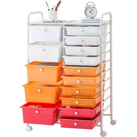 Chariot de Rangement à 15 Tiroirs Multicolores en PP avec Roulettes, Double Rangée, Cadre en Acier, pour Bureau, Salle de Classe, Loisirs Créatifs et Atelier, 4 Roulettes Pivotantes 2 avec Frein (1/5)