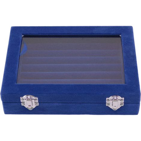 Boîte de présentation bijoux 7 compartiments velours avec couvercle transparent pour bagues, colliers, boucles d'oreilles - Bleu