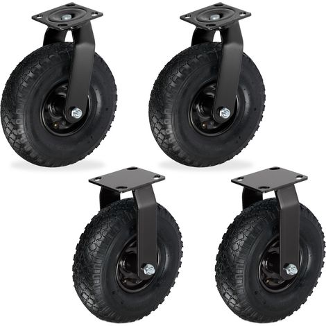 Relaxdays Juego 2x ruedas fijas + 2x giratorias, neumáticas 3.00-4, montaje con placa, 120 kg, negro