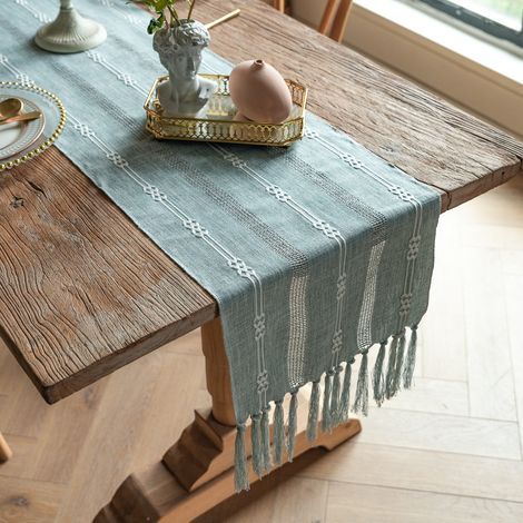 Chemin de Table Bleu gris Chemin de Table Boho, 32X200cm, Bleu gris avec Glands Chemin de Table Style campagnard Rustique pour dîner, fête, Vacances, Salle à Manger, Commode (1/2)