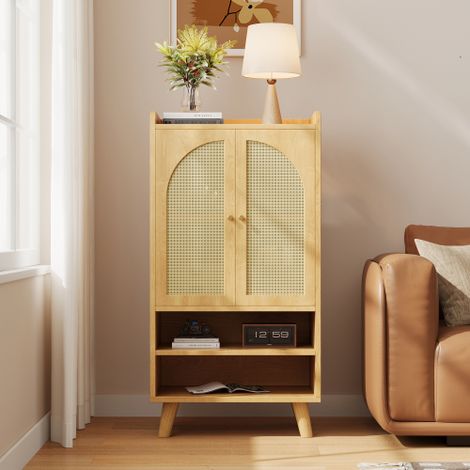 Buffet en Rotin avec 2 Portes en Rotin et 2 Compartiments ouverts, Meuble de rangement / Buffet avec grand espace de rangement, Buffet haut en Bois, Salon ou Cuisine, L60×P40×H121 cm (1/5)
