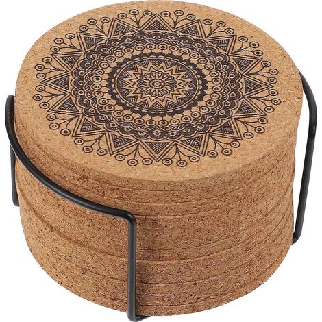 lot de sous-verres ronds en bois, motif mandala nordique créatif, avec support-10x10x0.5cm