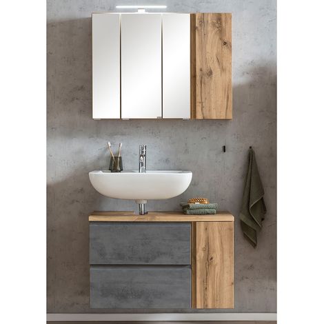 Waschbeckenunterschrank, links, mit Spiegelschrank, 85cm, LED Beleuchtung, VASTO-03-CONCRETE, Wotan Eiche Nb. mit Beton Optik, B/H/T ca. 85/200/35 cm (1/5)