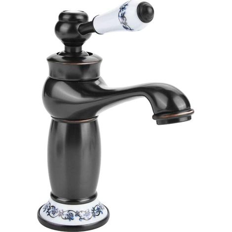 Retro Einhand-Waschtischarmatur aus Messing und Keramik, blau und weiß, Porzellan, langer Hals, Vintage-Blumenmuster, mit Einlass, Kalt-/Warmwasserhahn, Küche, Badezimmer (schwarz) (1/5)
