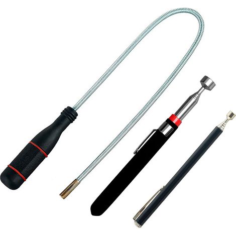 Acier Inoxydable Aimant Telescopique + Tige Aimantée Flexible[3 Pièces], Aimant Telescopique, Pour Vis, Écrous, Clés, Pièces Métalliques, Durable Avec Clip De Poche [ 2 Noir+1 Argent] (1/5)