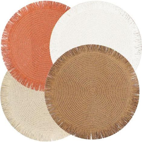 Ein Set aus 4 runden Platzsets im Bohème-Stil, strapazierfähig, hitzebeständig und rutschfest, 38 cm Durchmesser. (1/5)