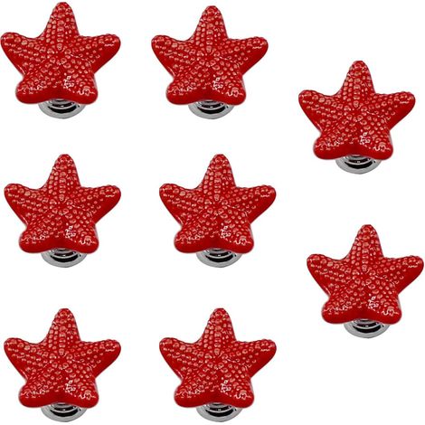 Lot de 8 poignées en céramique rouge, forme d'étoile oursin, base en zinc. (1/5)