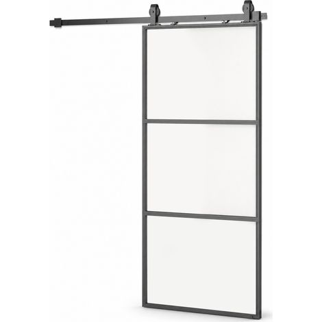 Porte coulissante extérieure 91,4 x 203,2 cm en verre satiné, système de fermeture amortie, style industriel, étanche (1/5)