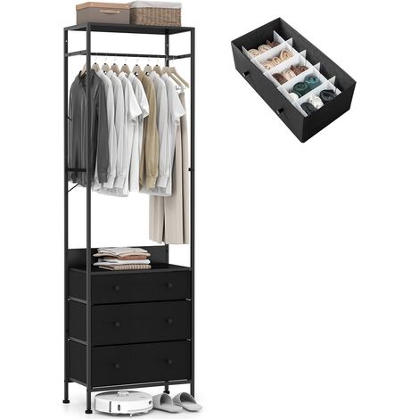 COSTWAY Appendiabiti con Cassetti in Tessuto, Armadio Autoportante con Asta Appendiabiti a 3 Posizioni e Ripiani di Stoccaggio, Ideale per Ingresso Camera da Letto, 55x28x176 cm (Nero) (1/5)