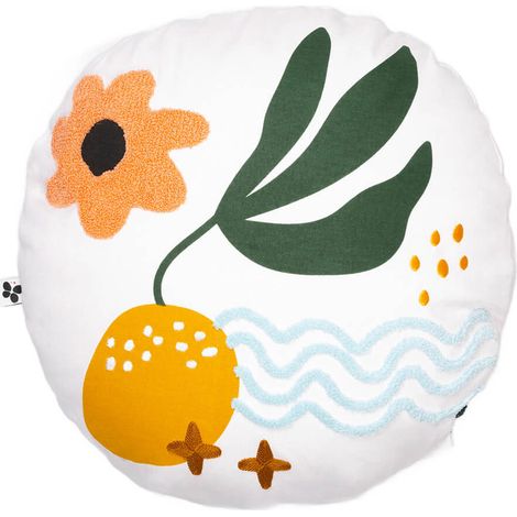 PITCH - Coussin Déhoussable Ø40cm Blancs Motifs Brodés Colorés (1/3)
