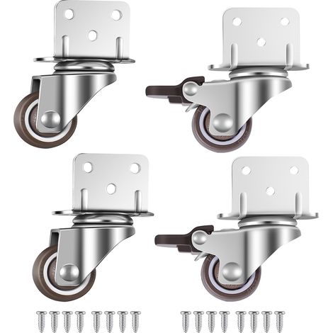 Lot de 4 petites roulettes pivotantes pour meubles, 25 mm avec frein, plaque de montage en L, convient pour meubles, supports de fleurs, crèches (25 mm) (1/5)