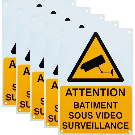 Lot de 5 panneaux extérieurs 'ATTENTION BÂTIMENT SOUS VIDÉOSURVEILLANCE' - plastique rigide (format A4) (1/3)