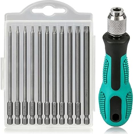 Hakkin 12 Stück Torx Schraubendreher Set 1/4" 100 mm Torx Bit Set Lang mit Loch S2 Elektrische Schraubendreher Bitsatz für Akkuschrauber T6/T7/T8/T9/T10/T15/T20/T25/T27/T30/T40 Sternschraubendreher (1/5)