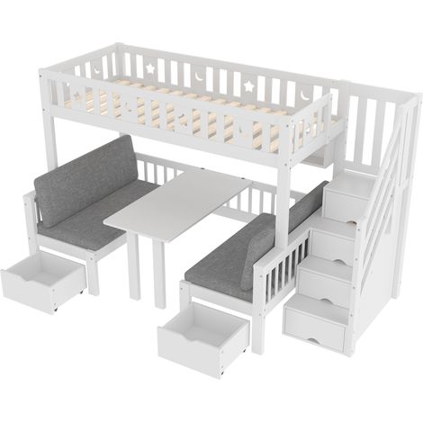 Cama alta multifunción 90 x 200 cm con escritorio integrado y almacenamiento, blanca (1/5)