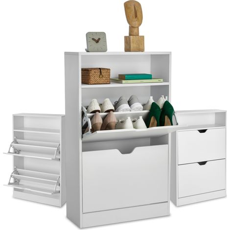 Meuble à chaussures avec 2 compartiments basculants blanc (1/5)