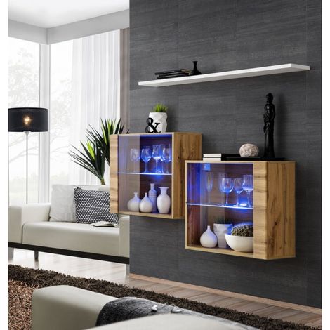 Commode - Switch SB III - 2 vitrines LED - 1 étagère - Bois et blanc - Modèle 1 - Livraison gratuite
