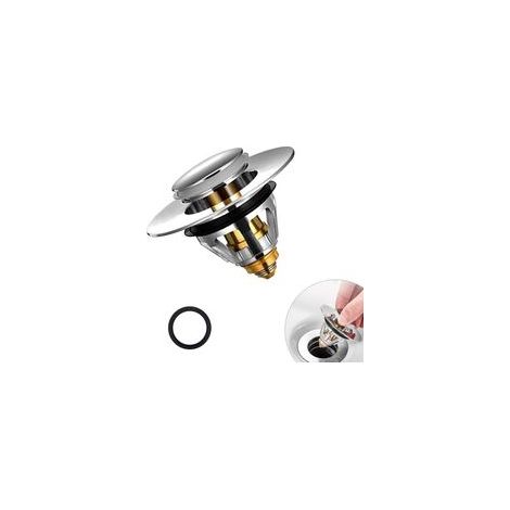 Bouchon d’évier universel à actionnement manuel (pop-up), avec filtre anti-cheveux et système anti-odeurs/bouchons, en acier inoxydable, compatible avec éviers et baignoires (diamètre 34–38 mm) (1/5)
