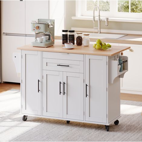 Îlot de cuisine mobile 136x70x92 cm blanc et naturel en MDF avec plateau extensible, tiroir discret et rangement (1/5)