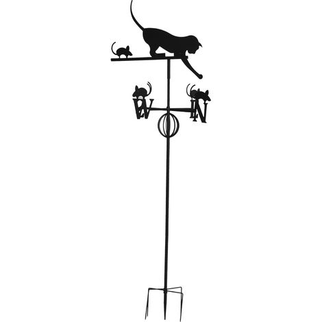 Chat perché Girouette Anémomètre en Fer Découpé au Laser, Décoration de Jardin Extérieur, Piquet de Sol Emballé dans du Film à Bulles (Modèle : Chat Attrapant Souris - Lourd) (1/5)