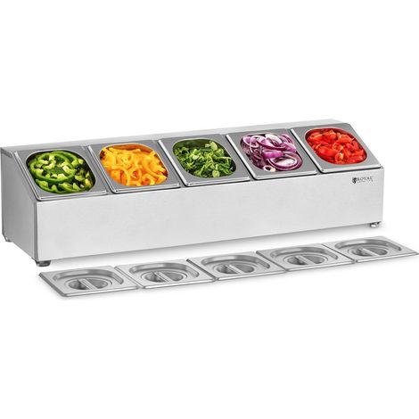 Royal Catering – Support à bacs GN 1/6 en acier inoxydable – Lot de 5 bacs et couvercles – Capacité totale 11 l – Dimensions 85,3 x 25 x 22 cm (1/6)
