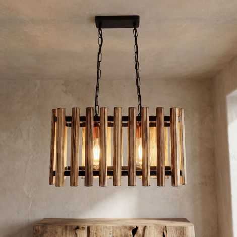 Hängeleuchte Metall Holz E27 H: max. 80 cm in Schwarz geflammtes Kupfer 2-flammig länglich Retro