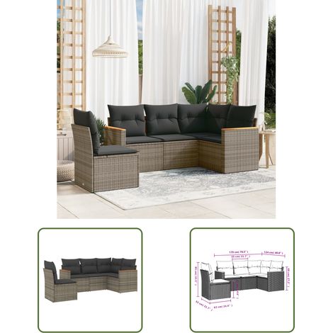 The Living Store 5-tlg. Garten-Sofagarnitur mit Kissen Grau Poly Rattan - Gartenmöbel - Sofasitzgruppe - PE-Rattan Möbel - Outdoor Sofa - Lounge Set (1/3)