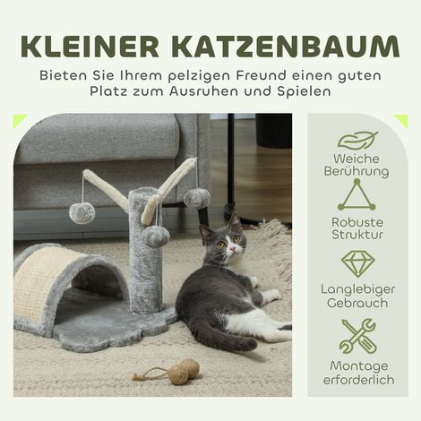Tour pour chat 40 cm, petite tour à chat avec cachette, 2 balles de jeu, tapis à griffer, arbre à chat, griffoir pour chats petits et grands, gris clair (1/5)