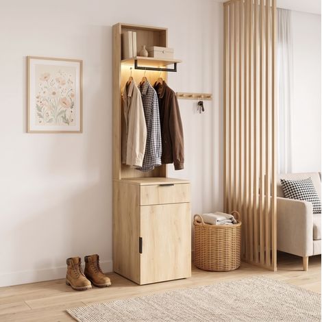 Vestiaire d'entrée 45x47x200 cm en MDF chêne, LED et rangement intégré pour entrée – MEUBLIV (1/5)