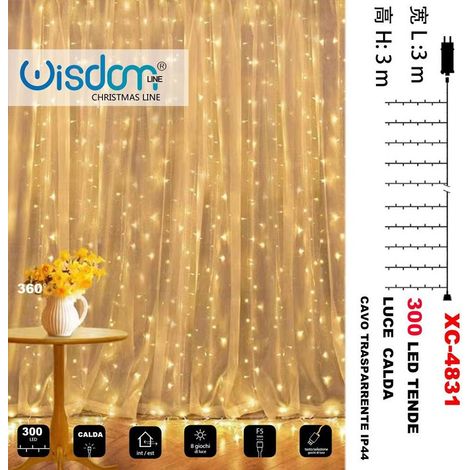 TRADE SHOP - Tenda Luminosa Natalizia 300led Luce Calda Cavo Trasparente 8giochi Luce Xc-4831 -