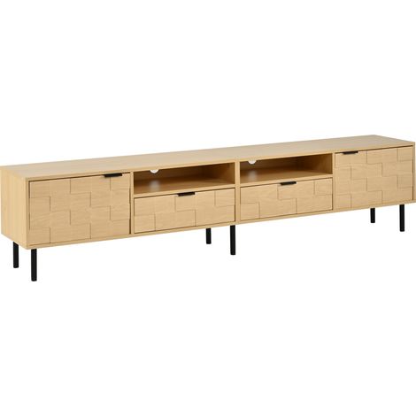 Meuble TV 200 cm avec 2 tiroirs, 2 portes et 2 niches ouvertes, pour téléviseur jusqu'à 80 pouces, bois clair, rangement salon sejour, CHICFURN (1/5)