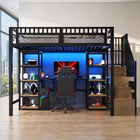 Cama alta 90x200 cm con estructura de metal y MDF, escritorio integrado, baldas, escalera con almacenaje, luces LED y USB, ideal para ahorrar espacio  CHICFURN (1/5)