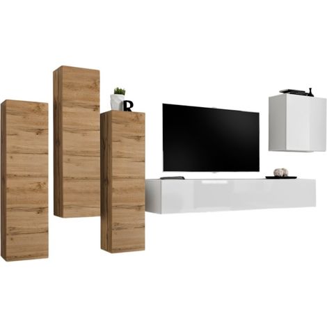 Set di mobili da soggiorno design collezione SWITCH III. Colori rovere wotan e bianco lucido.