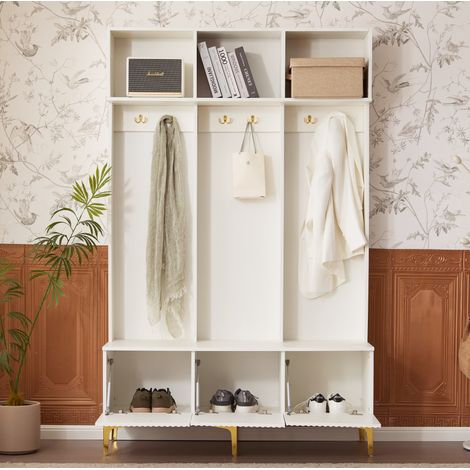 Mobile ingresso con panca, ripiani aperti, 6 ganci dorati, bianco, 120 x 23,5 x 191,5 cm HAVRYA (1/5)