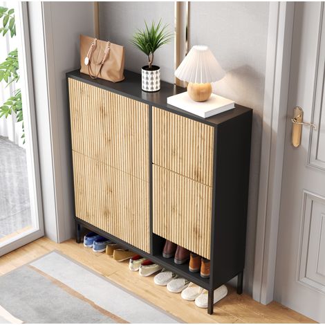 Meuble à chaussures avec banc escamotable, rangement 12 à 16 paires, étagères doubles et niche ouverte, MDF noir et bois clair, 100 x 25 x 100 cm - CHICFURN (1/5)