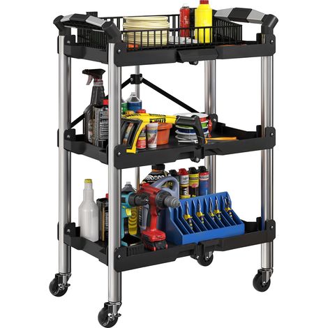 Werkzeug-Trolley, klappbarer 3-stufiger Werkzeugwagen, Kunststoff, Stahl, Schwarz (1/5)