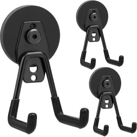 Lot de 3 crochets magnétiques robustes pour garage, à double crochet, de conception industrielle, pour suspendre des outils ou un marteau. (1/5)