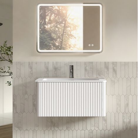 Badmöbel mit Waschbecken und LED-Spiegel 80 cm weiß HAVRYA (1/5)