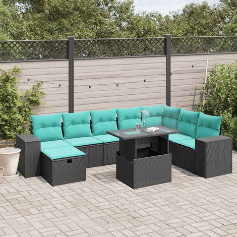 9-teiliges Gartensofa-Set mit Kissen, schwarzes Polyrattan (1/5)