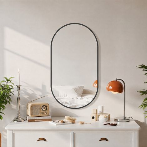 ADWOLT Miroir Mural Ovale 75x50 cm Noir,Verre Trempé,Miroir Mural Haute Définition,Cadre Métal et Crochet,pour Chambre,Entrée,Salle de Bain (1/5)
